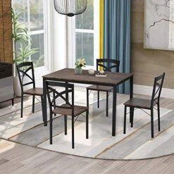 5 Piece Industrial Style Dining Table Set, Wood Dining Set With With 4 Chairs, Breakfast Nook, Bar, Living Room -Amazon Store 513bMt tSGL. AC
