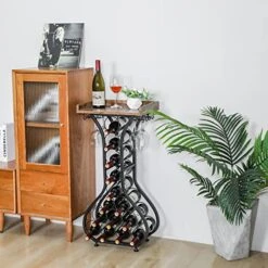 X-cosrack 14 Bottles Wine Rack Freestanding Floor Wine Storage Table Wine Holder Stand With Glass Holder Adjustable Feet Wood Top 35.4" H -Amazon Store 513glCqZriL
