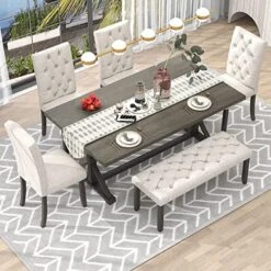 Merax 6 Piece Kitchen Dining Table Set, Wooden Rectangular Dining Table With Upholstered Bench And 4 Chairs, Dining Room Table Set For 6 People, Living Room Furniture (Gray, Cushions) -Amazon Store 513nckDe0NL. AC