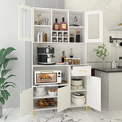 PAKASEPT Kitchen Pantry Storage Cabinet, Modern Freestanding Pantry Cabinet With Tempered Glass Doors,5 Storage Cabinet & Grid Wine Racks & Microwave Space & Drawer For For Living Room, Kitchen,White 4 PAKASEPT Kitchen Pantry Storage Cabinet, Modern Freestanding Pantry Cabinet With Tempered Glass Doors,5 Storage Cabinet & Grid Wine Racks & Microwave Space & Drawer For For Living Room, Kitchen,White - Image 2