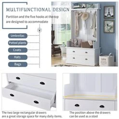 TAVENS Hall Tree With Storage Bench, 3-in-1 Entryway Bench With Coat Rack, Standing Coat Rack With 5 Metal Hooks And 2 Large Drawers For Hallway, Living Room, Mudroom 38.5”W X 15.7”D X 75”H,White -Amazon Store 513ry80uY1L
