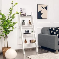 Tangkula 4-Tier Wooden Blanket Ladder, 4.5 Ft Farmhouse Storage Rack, Wall Leaning Ladder Shelf Stand, Decorative Blanket Shelf For Living Room, Bathroom & Bedroom (White) -Amazon Store 513td4u7t1L