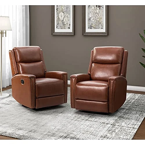 HULALA HOME Genuine Leather Swivel Rocker Recliners Set Of 2, Manual Glider Recliner Chairs With Adjustable Backrest & Footrest, Modern Home Theater Sofa Armchairs For Living Room Bedroom, Brown 3 HULALA HOME Genuine Leather Swivel Rocker Recliners Set Of 2, Manual Glider Recliner Chairs With Adjustable Backrest & Footrest, Modern Home Theater Sofa Armchairs For Living Room Bedroom, Brown