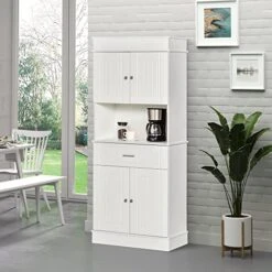 HOMCOM 72" Kitchen Buffet With Hutch, Freestanding Pantry Cupboard With Utility Drawer, 2 Door Cabinets And Countertop, White Wood Grain