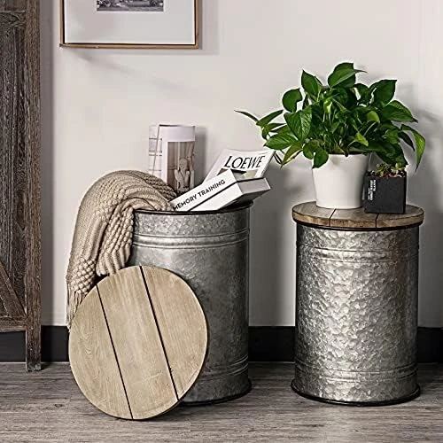 Oneinmil Rustic Storage Bins Farmhouse End Table Farmhouse Furniture Galvanized Metal Stool Ottoman Seat With Round Wood Lid Set Of 2 7 Oneinmil Rustic Storage Bins Farmhouse End Table Farmhouse Furniture Galvanized Metal Stool Ottoman Seat With Round Wood Lid Set Of 2 - Image 5