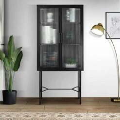 NANBERONE Pantry Cabenit, Display Cabinet Sideboard Bookcase With 2 Tampered Glass Doors & Adjustable Shelves, Storage Cabinet For Entryway Kitchen Living Room Dining Room Bathroom Office Black -Amazon Store 5143Ji6eQQL