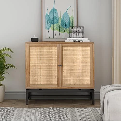 ZeHuoGe Natural Rattan Sideboard Buffet Storage Accent Cabinet With 2 Magnetic Door, Sideboard Buffet Cupboard Accent Cabinet, Built-in Adjustable Shelf Iron Bracket US Delivery (High Leg Rattan) 16 ZeHuoGe Natural Rattan Sideboard Buffet Storage Accent Cabinet With 2 Magnetic Door, Sideboard Buffet Cupboard Accent Cabinet, Built-in Adjustable Shelf Iron Bracket US Delivery (High Leg Rattan) - Image 14