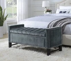 Iconic Home Marcus Neo Traditional Velvet Tufted Storage Bench, Grey