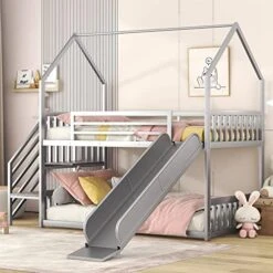 LZ LEISURE ZONE Twin-Over-Futon Bunk Bed, Metal Futon Bunk Bed Frame With Guardrails And Ladder, White -Amazon Store 514Gw19wZL. AC