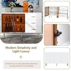 Modern Sideboard Buffet, Kitchen Storage Cabinet With Marble Veneer Top And Amber Tempered Glass Doors, Gold Metal Legs And Handles, Wine Cooler For Bar, Dining Room, Hallway, White -Amazon Store 514J9oxRopL