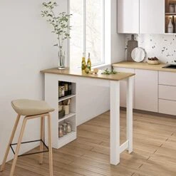 FOTOSOK Bar Table, 47.2”(W)×19.7”(D) Kitchen Counter With 3 Open Cabinets, Height Dining Table With 3-Tier Shelves, Modern Pub Table For Bar, Cafe, Office, Kitchen, Living Room, Entryway, Oak/White -Amazon Store 514JgsHeDAL