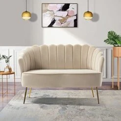 HULALA HOME Velvet Loveseat Sofa With Flower Shaped Back, Modern 2-Seater Sofa For Living Room Bedroom, Comfy Upholstered Small Love Seat Couch With Gold Legs, Tan -Amazon Store 514grXvYVRL. AC