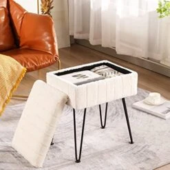 CUYOCA Vanity Stool Ottoman With Storage Bench, Faux Fur Stool For Vanity With Metal Legs, Makeup Chair Vanity Stool For Bedroom Living Room, White -Amazon Store 514hPQrXhkL. AC