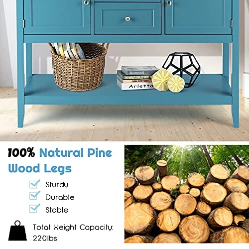 Hysache Buffet Sideboard, Wood Buffet Cabinet With 2 Drawers And 2 Storage Cabinets, Sideboard With Bottom Shelf, Ideal For Kitchen Living Room (Blue) 7 Hysache Buffet Sideboard, Wood Buffet Cabinet With 2 Drawers And 2 Storage Cabinets, Sideboard With Bottom Shelf, Ideal For Kitchen Living Room (Blue) - Image 5
