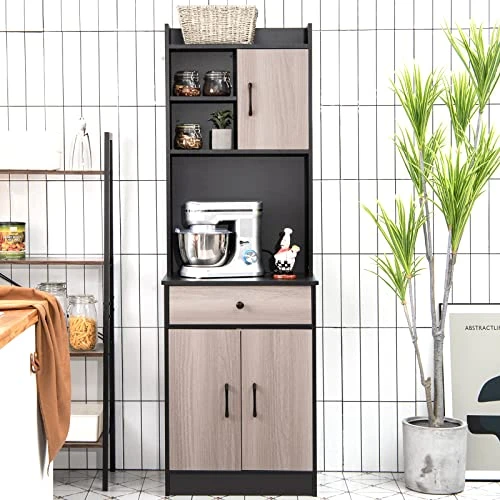Giantex Pantry Organization And Storage, Tall Buffet Hutch Cabinet With Drawer Cabinet Shelf, High Cupboard Sideboard, Stationary Microwave Stand, Wood Countertop (Black & Natural) 4 Giantex Pantry Organization And Storage, Tall Buffet Hutch Cabinet With Drawer Cabinet Shelf, High Cupboard Sideboard, Stationary Microwave Stand, Wood Countertop (Black & Natural) - Image 2