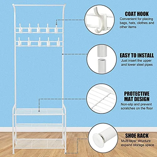 Coat Rack Shoe Bench With 16 Hooks, Metal Entryway Storage Shelf Coat Rack Stand With 3-Tier Shoe Rack, Entryway Organiser Coat Hat Stand For Hall, 3-in-1 Hall Tree With Metal Frame, Easy Assembly 6 Coat Rack Shoe Bench With 16 Hooks, Metal Entryway Storage Shelf Coat Rack Stand With 3-Tier Shoe Rack, Entryway Organiser Coat Hat Stand For Hall, 3-in-1 Hall Tree With Metal Frame, Easy Assembly - Image 4