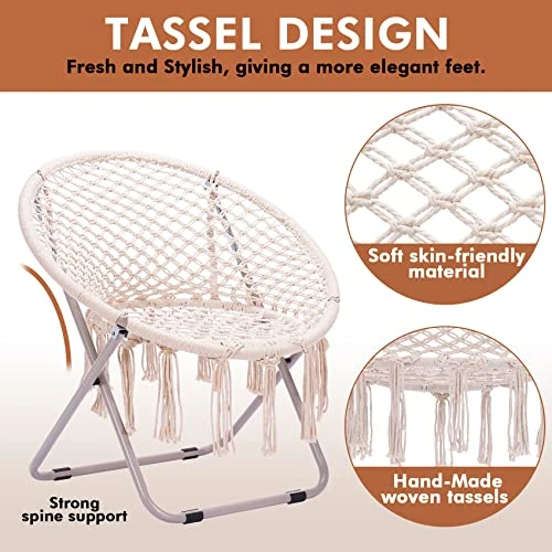 PASAMIC Saucer Chair With Folding Metal Frame, 100% Cotton Handmade Round Cozy Chairs, Exquisite Moon Chair For Bedroom, Living Room Décor Beige 5 PASAMIC Saucer Chair With Folding Metal Frame, 100% Cotton Handmade Round Cozy Chairs, Exquisite Moon Chair For Bedroom, Living Room Décor Beige - Image 3