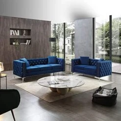 Fulocseny 2 Piece Modern Velvet Upholstered Living Room Set With 3-Seater Sofa And Loveseat, Jeweled Button Tufted Copper Nails Square Arms, 4 Pillows Included, Grey,5 Seater (Grey + Velvet) -Amazon Store 515Gmic44AL. AC