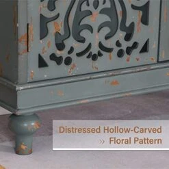 MFSTUDIO Accent Tall Wood Storage Cabinet Buffet Sideboard Hollow-Carved Floral 2 Doors Distressed Decorative For Living Room Kitchen Stand Entryway Hallway, 13.8" Dx31.5 Wx47.4 H, Blue -Amazon Store 515OtpJIQvL
