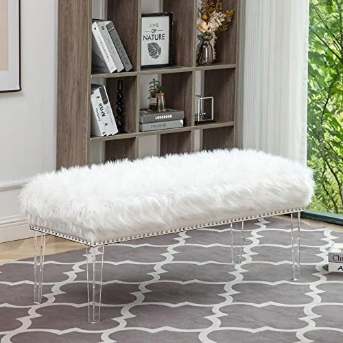 Modern White Faux Fur Ottoman Bench Upholstered Bench For Bedroom/Living Room/Entryway Decorative Accent Bench With Gold Metal Legs 9 Modern White Faux Fur Ottoman Bench Upholstered Bench For Bedroom/Living Room/Entryway Decorative Accent Bench With Gold Metal Legs - Image 7