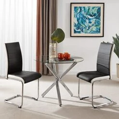 WENYU Dining Room Chairs Set Of 2 – Modern Leather Dining Chair Comfortable Kitchen Chairs With Chrome Legs, Comfy Side Chairs With Soft Padded Cushion Living Room Corner Chairs (Black)