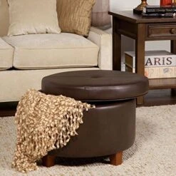 HomePop Round Leatherette Storage Ottoman With Lid, Chocolate Brown Large -Amazon Store 515dX5AQRlL