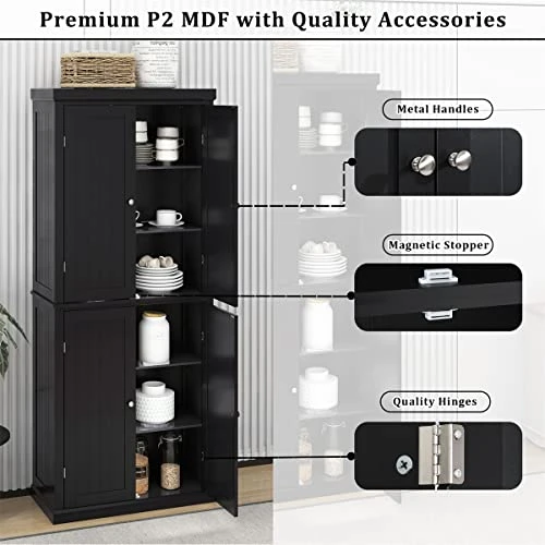 72.4" H Kitchen Storage Cabinet, Freestanding Tall Kitchen Pantry With 4 Doors And Adjustable Shelves, Tall Kitchen Pantry Accent Cabinet Buffet Sideboard For Kitchen Living/Dining Room, Black 7 72.4" H Kitchen Storage Cabinet, Freestanding Tall Kitchen Pantry With 4 Doors And Adjustable Shelves, Tall Kitchen Pantry Accent Cabinet Buffet Sideboard For Kitchen Living/Dining Room, Black - Image 5