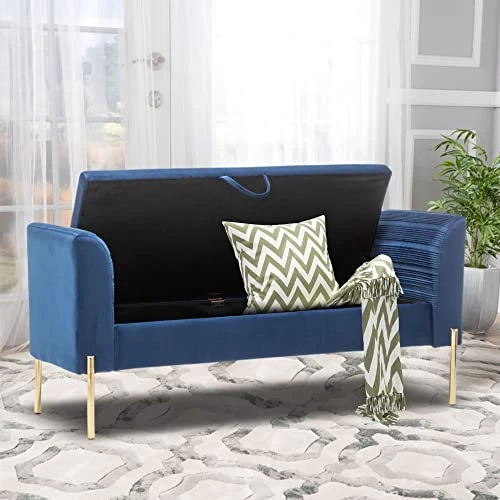 ALISH Storage Bench,Upholstered Storage Ottoman Bench,Modern Bed Bench Entryway Bench With Gold Legs For Bedroom Living Room Blue 6 ALISH Storage Bench,Upholstered Storage Ottoman Bench,Modern Bed Bench Entryway Bench With Gold Legs For Bedroom Living Room Blue - Image 4