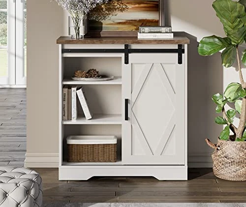 WAMPAT Rusitc Farmhouse Accent Buffet Sideboard Serving Console Cabinet Coffee Bar Entryway Table With Sliding Barn Door, Storage Shelves For Home Kitchen Bathroom, 35 Inch, White 4 WAMPAT Rusitc Farmhouse Accent Buffet Sideboard Serving Console Cabinet Coffee Bar Entryway Table With Sliding Barn Door, Storage Shelves For Home Kitchen Bathroom, 35 Inch, White - Image 2