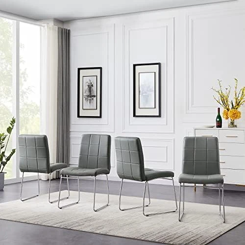 SICOTAS Modern Dining Chairs Set Of 2,Dining Room Chairs With Faux Leather Padded Seat Back In Checkered Pattern And Sled Chrome Legs, Kitchen Side Chairs For Dining Room,Kitchen, Living Room,Gray 8 SICOTAS Modern Dining Chairs Set Of 2,Dining Room Chairs With Faux Leather Padded Seat Back In Checkered Pattern And Sled Chrome Legs, Kitchen Side Chairs For Dining Room,Kitchen, Living Room,Gray - Image 6