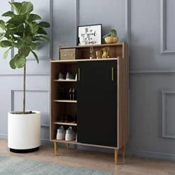 Mecor Shoe Rack Storage Cabinet, 2-Door Shoebox Container Organizer Standing W/ Sliding Door For Hallway Entryway Living Room Bathroom, Walnut/ Black