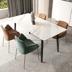 Dining Table 55"Inches Rectangle Marble Kitchen Table,White Dining Room Table With Sintered Stone Top And Metal Legs,Mid Century Modern Dinner Table For Dining Room