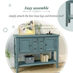 Knocbel Vintage Wood Console Table Buffet Sideboard With 4 Storage Drawers, 2 Cabinets & Bottom Shelf, Entryway Hallway Foyer Table Cupboard Coffee Bar Cabinet, 46" L X 15" W X 34" H (Dark Blue) 19 Knocbel Vintage Wood Console Table Buffet Sideboard With 4 Storage Drawers, 2 Cabinets & Bottom Shelf, Entryway Hallway Foyer Table Cupboard Coffee Bar Cabinet, 46" L X 15" W X 34" H (Dark Blue) -Amazon Store 515y4G16PmL