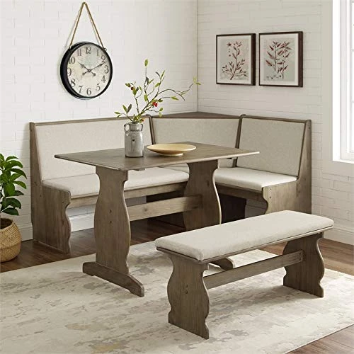 Riverbay Furniture Patio Conversation Indoor 3 Piece Kitchen Breakfast Corner Table Booth Bench Natural Fabric Upholstered Dining Nook Set In Brown 4 Riverbay Furniture Patio Conversation Indoor 3 Piece Kitchen Breakfast Corner Table Booth Bench Natural Fabric Upholstered Dining Nook Set In Brown - Image 2