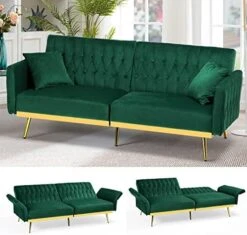 ACMEASE 70” Velvet Futon Sofa Bed W/Adjustable Backrests And Armrests, Convertible Futon Couch With Two Pillows, Modern Tufted Sleeper Bed For Living Room, Bedroom,Green -Amazon Store 516NUJibVtL. AC