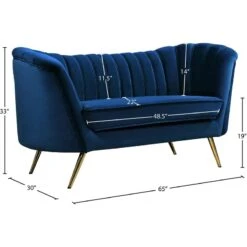 Meridian Furniture Margo Collection Modern | Contemporary Velvet Upholstered Loveseat With Deep Channel Tufting And Rich Gold Stainless Steel Legs, Navy, 65" W X 30" D X 33" H -Amazon Store 516WGJc4yLL