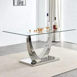 Modern Rectangular Glass Dining Table For 6-8 With Tempered Glass Tabletop And Silver Chrome Metal U-Shaped Bracket For Kitchen Dining Living Meeting Room Banquet Hall (Silver6)