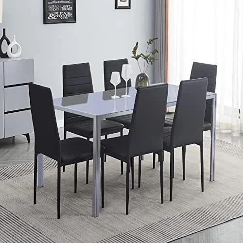 Paonne Glass Dining Table And Chair 7 Pieces Set, Dining Table Set For 6 Kitchen Room Table With 6 Chairs, Rectangular Glass Table With 4 PU Chairs 7 Paonne Glass Dining Table And Chair 7 Pieces Set, Dining Table Set For 6 Kitchen Room Table With 6 Chairs, Rectangular Glass Table With 4 PU Chairs - Image 5