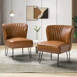 HULALA HOME Faux Leather Accent Chairs Set Of 2 With Metal Base, Mid Century Modern Living Room Chairs, Comfy Upholstered Armless Side Chairs For Bedroom, Camel