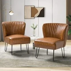HULALA HOME Faux Leather Accent Chairs Set Of 2 With Metal Base, Mid Century Modern Living Room Chairs, Comfy Upholstered Armless Side Chairs For Bedroom, Camel -Amazon Store 516rTaI08LL. AC