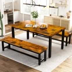 AWQM Dining Room Table Set, Kitchen Table Set With 2 Benches, Ideal For Home, Kitchen And Dining Room, Breakfast Table Of 43.3x23.6x28.5 Inches, Benches Of 38.5x11.8x17.5 Inches, Industrial Brown