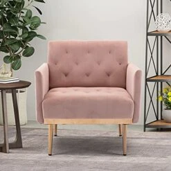 SLEERWAY Modern Velvet Single Sofa Chair, Upholstered Accent Living Room Chair, Comfy Armchair With Rose Golden Metal Legs, Tufted Chair For Reading Or Lounging (Pink)