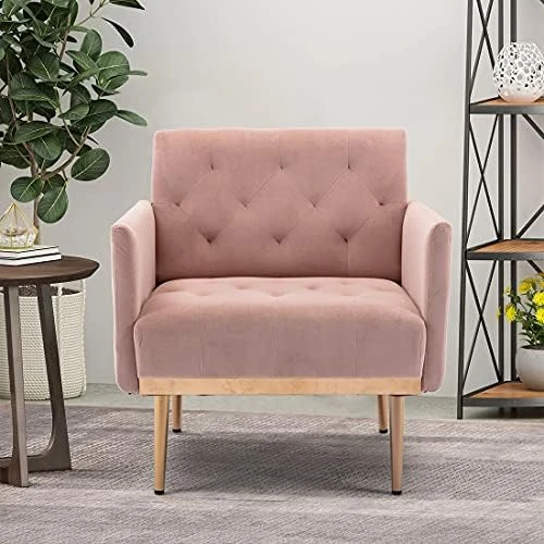 SLEERWAY Modern Velvet Single Sofa Chair, Upholstered Accent Living Room Chair, Comfy Armchair With Rose Golden Metal Legs, Tufted Chair For Reading Or Lounging (Pink) 16 SLEERWAY Modern Velvet Single Sofa Chair, Upholstered Accent Living Room Chair, Comfy Armchair With Rose Golden Metal Legs, Tufted Chair For Reading Or Lounging (Pink) - Image 14