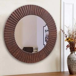 Chende 30'' Round Wall Mirror With Wooden Frame, Farmhouse Decorative Mirror With Bronze Finish, Large Rustic Mirror For Living Room, Bedroom, Entryway