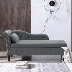 LUCKHAO Chaise Lounge Indoor,Velvet Lounge Chair For Bedroom With Storage & Pillow,Modern Upholstered Rolled Arm Chase Lounge For Sleeping With Nailhead Trim For Living Room Bedroom Office(Grey) -Amazon Store 5176y6cYTFL. AC