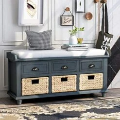 Storage Bench With 3 Basket Drawers, Rustic Entryway Bench/Shoe Bench With Cushioned Seat For Entryway, Hallway, Mudroom, Living Room (Off-White) 16 Storage Bench With 3 Basket Drawers, Rustic Entryway Bench/Shoe Bench With Cushioned Seat For Entryway, Hallway, Mudroom, Living Room (Off-White) -Amazon Store 5178WDEuApL. AC
