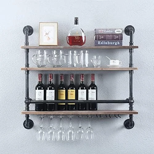 HAOVON Industrial Pipe Shelf Wine Rack Wall Mounted With 9 Stem Glass Holder,3-Tiers Rustic Floating Bar Shelves Wine Shelf,36in Real Wood Shelves Wall Shelf Unit,Pipe Shelving Glass Rack 11 HAOVON Industrial Pipe Shelf Wine Rack Wall Mounted With 9 Stem Glass Holder,3-Tiers Rustic Floating Bar Shelves Wine Shelf,36in Real Wood Shelves Wall Shelf Unit,Pipe Shelving Glass Rack - Image 9