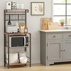 VIMBER Baker's Rack, Microwave Stand, Coffee Bar, 4-Tier Kitchen Storage Rack With 8 Hooks And Metal Frame, And Shelves, For Spices, Pots, And Pans, Rustic Brown And Black UCSJ002V1 9 VIMBER Baker's Rack, Microwave Stand, Coffee Bar, 4-Tier Kitchen Storage Rack With 8 Hooks And Metal Frame, And Shelves, For Spices, Pots, And Pans, Rustic Brown And Black UCSJ002V1 -Amazon Store 517DZ2obb0L
