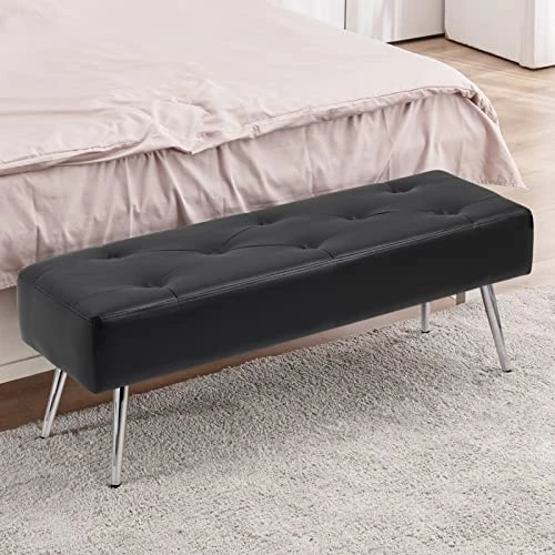 Furnimart Faux Leather Bench Ottoman, Tufted Button Bedroom Benches Footrest Stool In Solid Metal Legs, Long And Dining Bench, Indoor Bench For Entryway Living Room Bedroom (Leather-Black) 4 Furnimart Faux Leather Bench Ottoman, Tufted Button Bedroom Benches Footrest Stool In Solid Metal Legs, Long And Dining Bench, Indoor Bench For Entryway Living Room Bedroom (Leather-Black) - Image 2