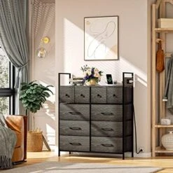 WASAGUN 9 Fabric Drawers Dresser, Dresser For Bedroom With Charging Station & USB Ports, Aluminum Alloy Handle And Wooden Top, Chest Of Drawers For Bedroom, Dark Grey -Amazon Store 517Gzi4xZWL. AC